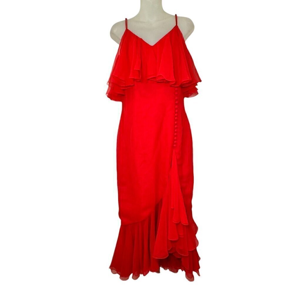 Vintage 80s Ric McClintock Flame Red Chiffon‎ Maxi Cocktail Dress Size 7/9